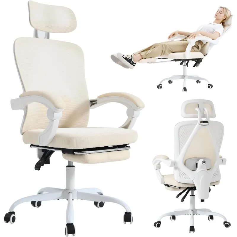 

Ergonomic office chair with adjustable lumbar support, 400 lb capacity, retractable footstool, adjustable headrest (white)