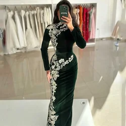Customized Sheath Velvet Evening Dress High Neck Long Sleeves Applique Pleats Elegant Floor Length Party Prom Gown for Women