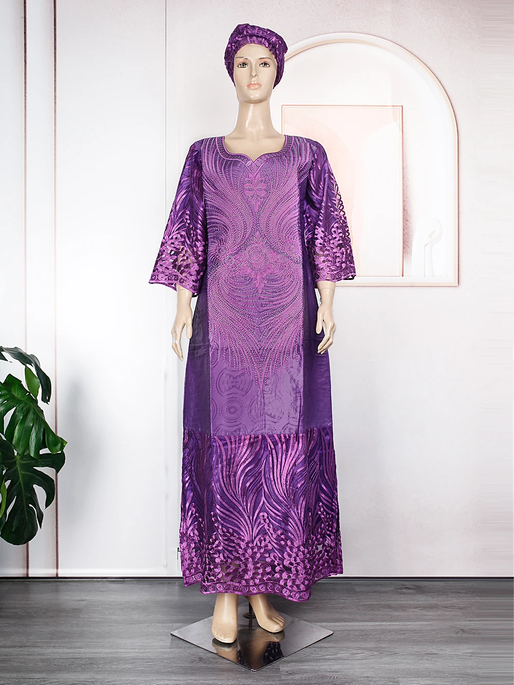 H&D African Dresses for Women Traditional Bazin Purple Embroidery Lace Woman Dress Robe Femme Africain Wedding Party Occasion