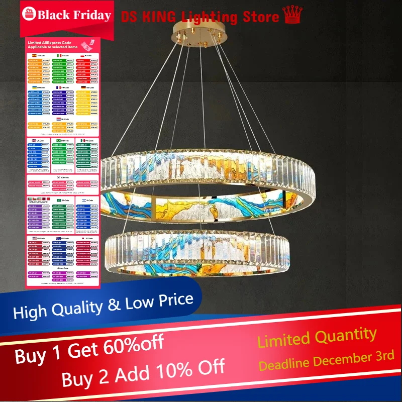 Modern Crystal LED Light Strip Circular Rectangle Pendant Light Enamel Color Chandelier Home Decor Living Room Lighting Fixtures