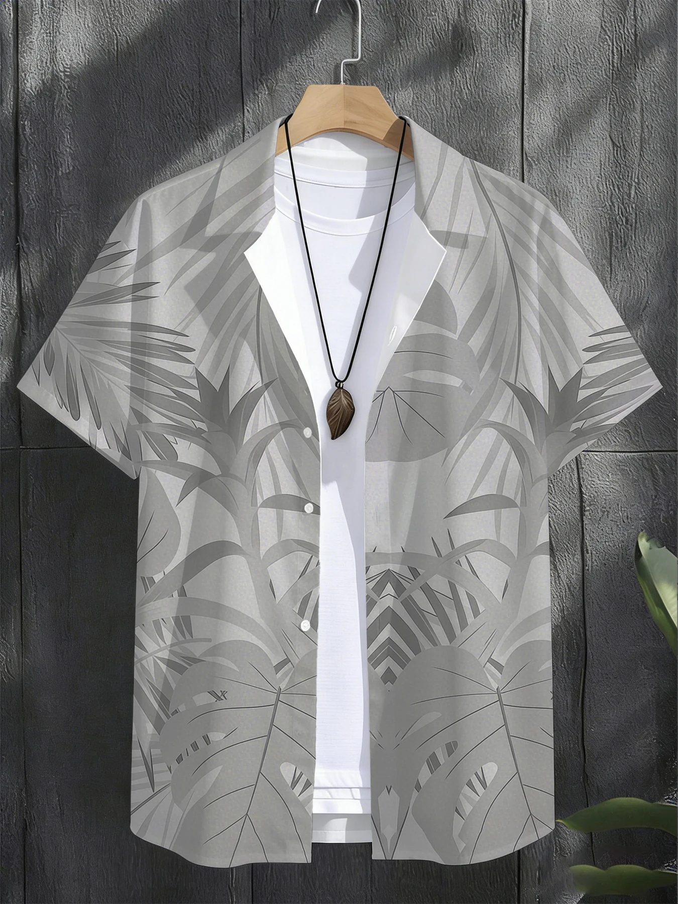 

Men's Premium Monochrome Tropical Leaf Print Short Sleeve Shirt, Camp Collar Button Down, Elevated Minimalist Resort Wear