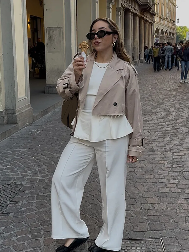 

Lady Solid Lace Up Lapel Trench Coats Women's Fashion V-neck Single Button Loose Windbreaker 2025 New Commute Street Outerwear