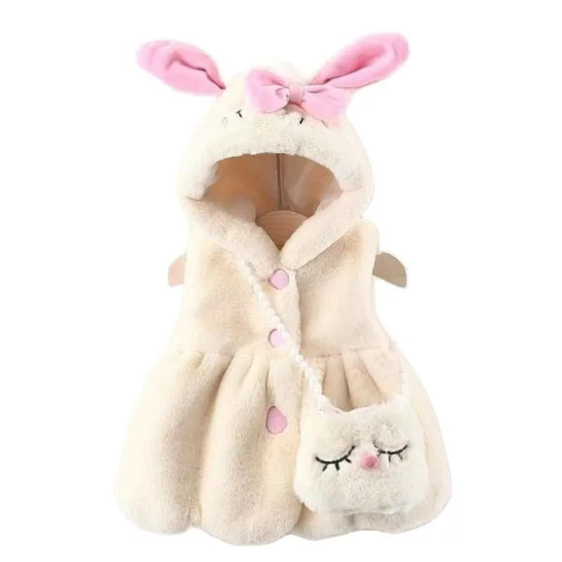 Cute Rabbit With Ears Plush Vest Baby Jacket Autumn Winter Warm Hooded Cashmere Girls Coat Princess Outerwear Clothes New