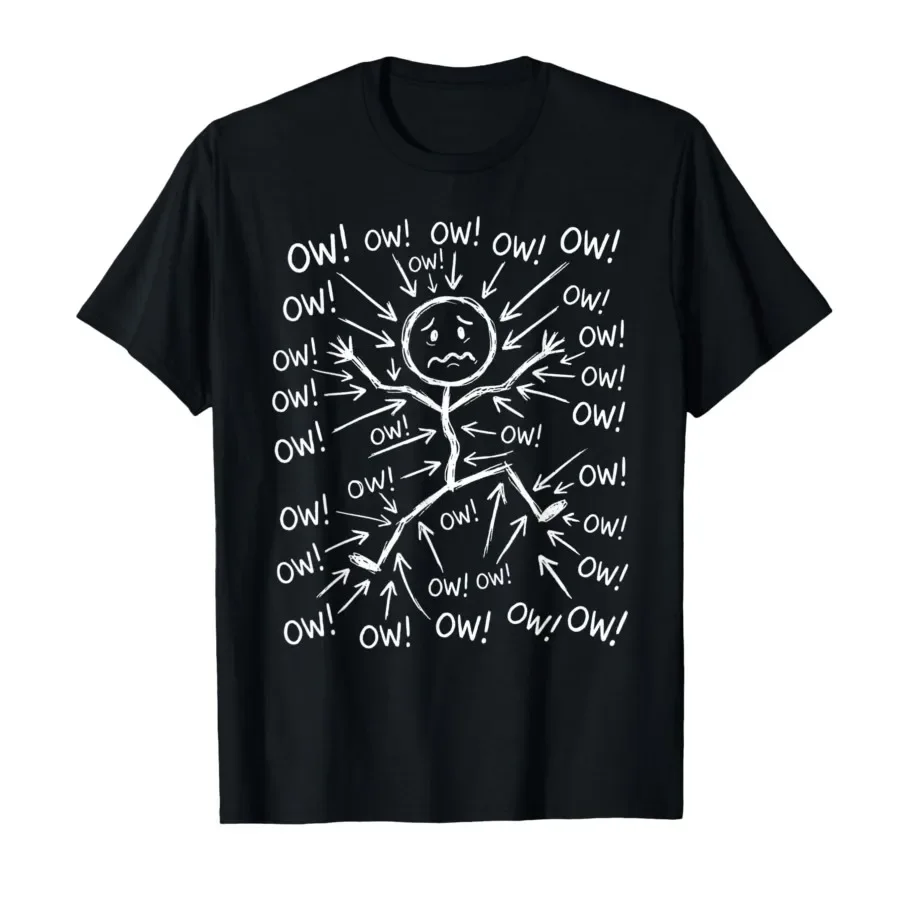 Ow Ow Ow Stick Character Figure Humor Chronic Pain Awareness T-shirt For Men Women 100% Cotton T Shirts Short Sleeve Tops 0420-2