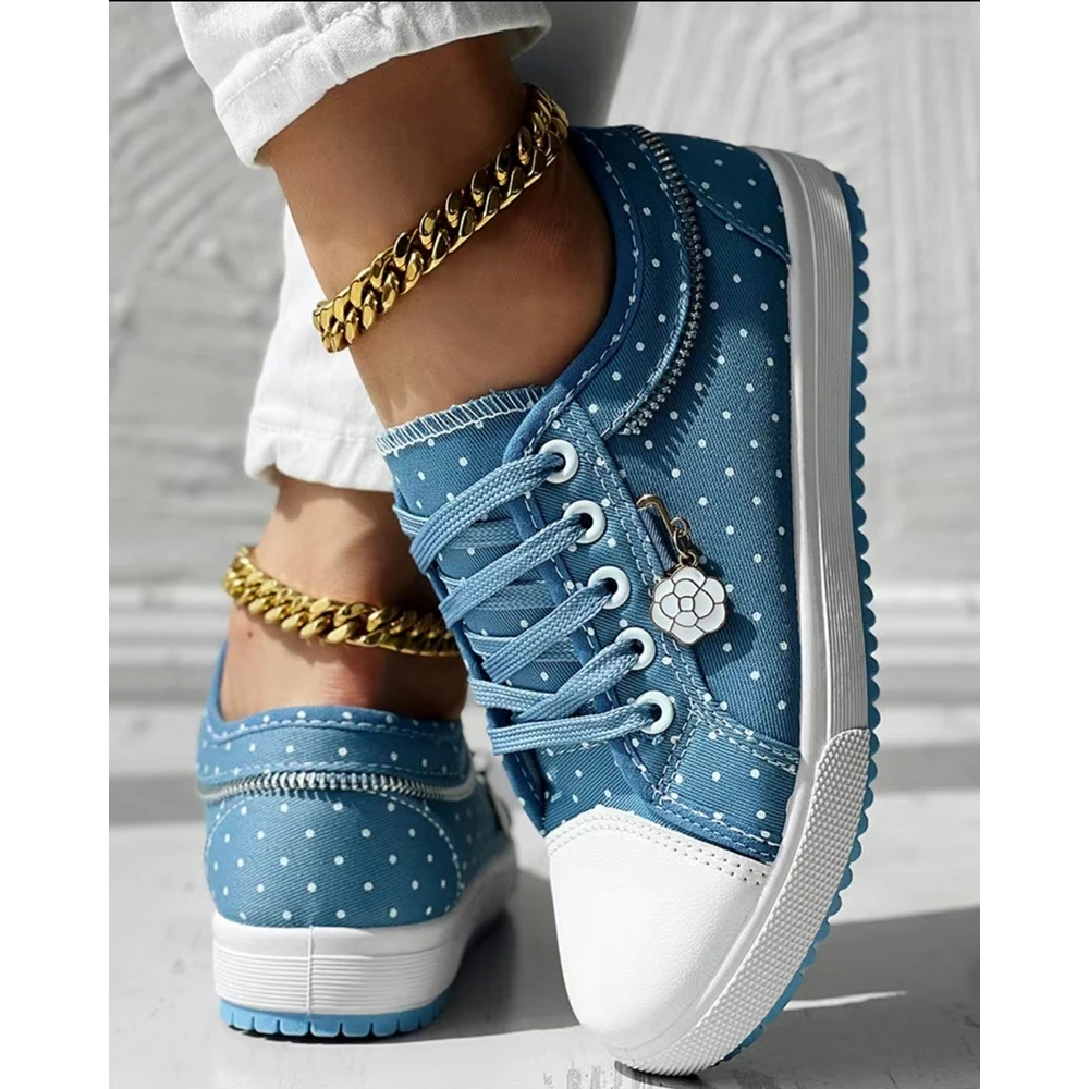 Women Polka Dot Print Round Toe Canvas Sneakers Autumn Woman Casual Daily Zipper Design Lace-up Flats Shoes Korean Style Spring