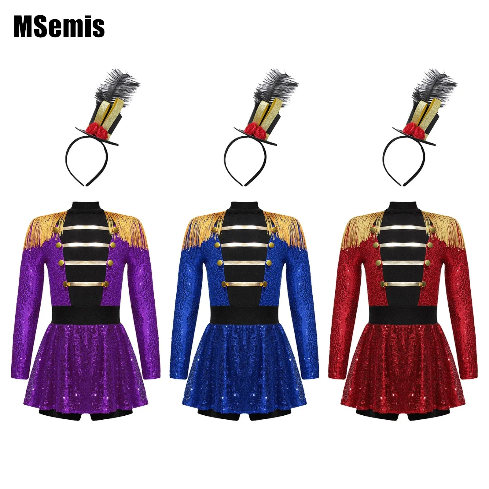 

Kids Girls Halloween Ringmaster Circus Costume Set Long Sleeve Tassel Shoulder Sequin Bodysuit with Feather Headband for Cosplay