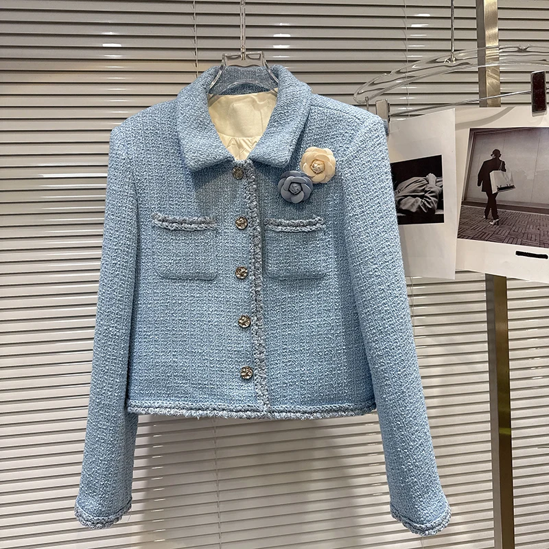 2025 Winter New Light Luxury Knitted Edge Coarse Fleece Down Lining Short Jacket Women's Fashion Commuter Lapel Collar Coat