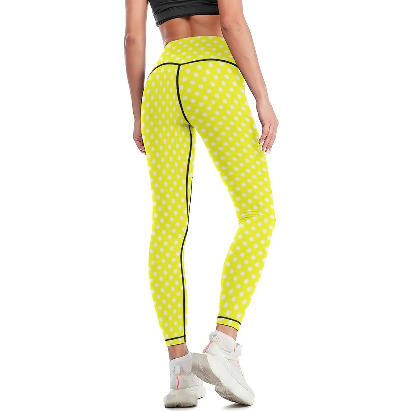 White Polka Dots on Yellow Background Leggings Tight fitting woman trousers for physical flared Womens Leggings - view 3