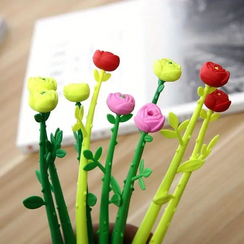 5pcs Random Color Creative Rose Flower Shaped 0.5mm Gel Pen School Office Supplies