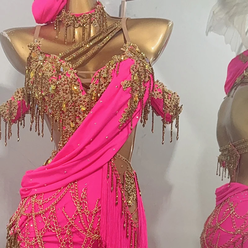 

Latin Dance Costume, Rhinestone, High-End Customized Gold Jewelry Dress For Women, Adults And Children, Samba Performance Dress