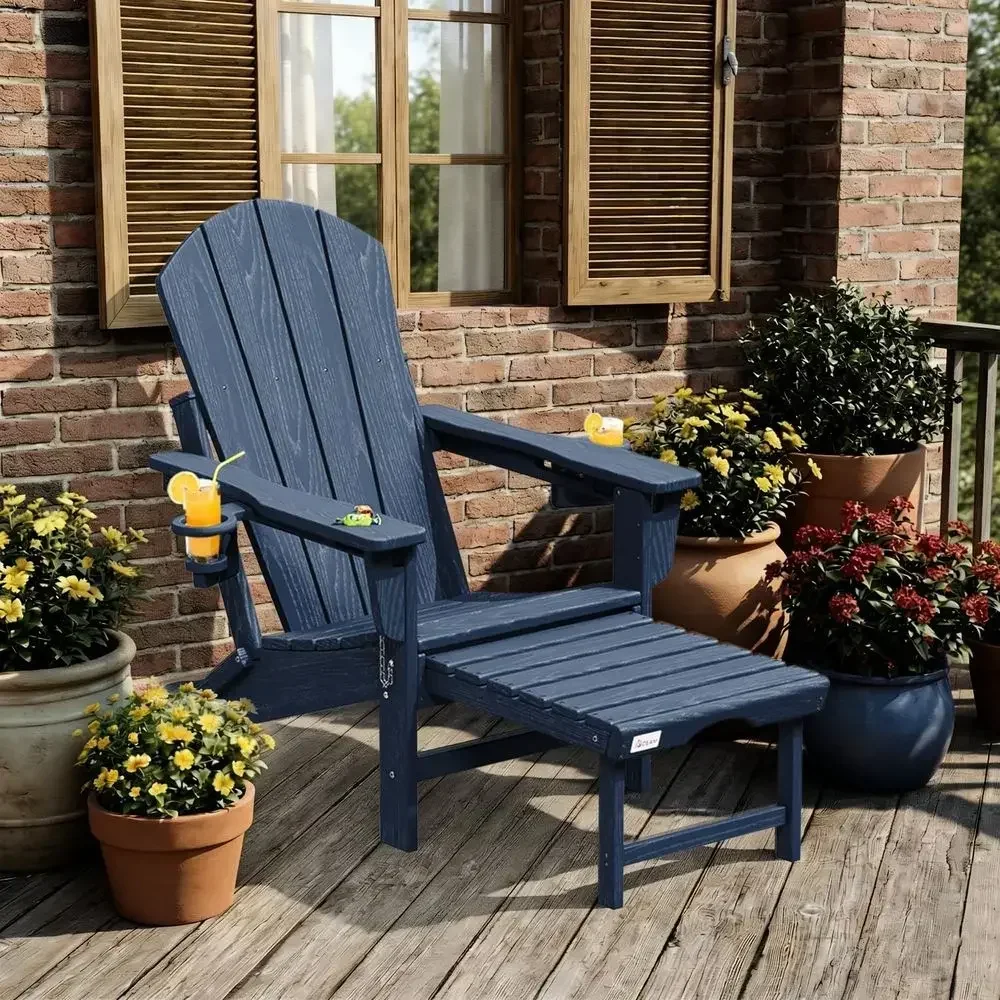 3-Level Reclining Adirondack Chair with Ottoman, Weather-Resistant HDPE Patio Furniture, Navy Blue