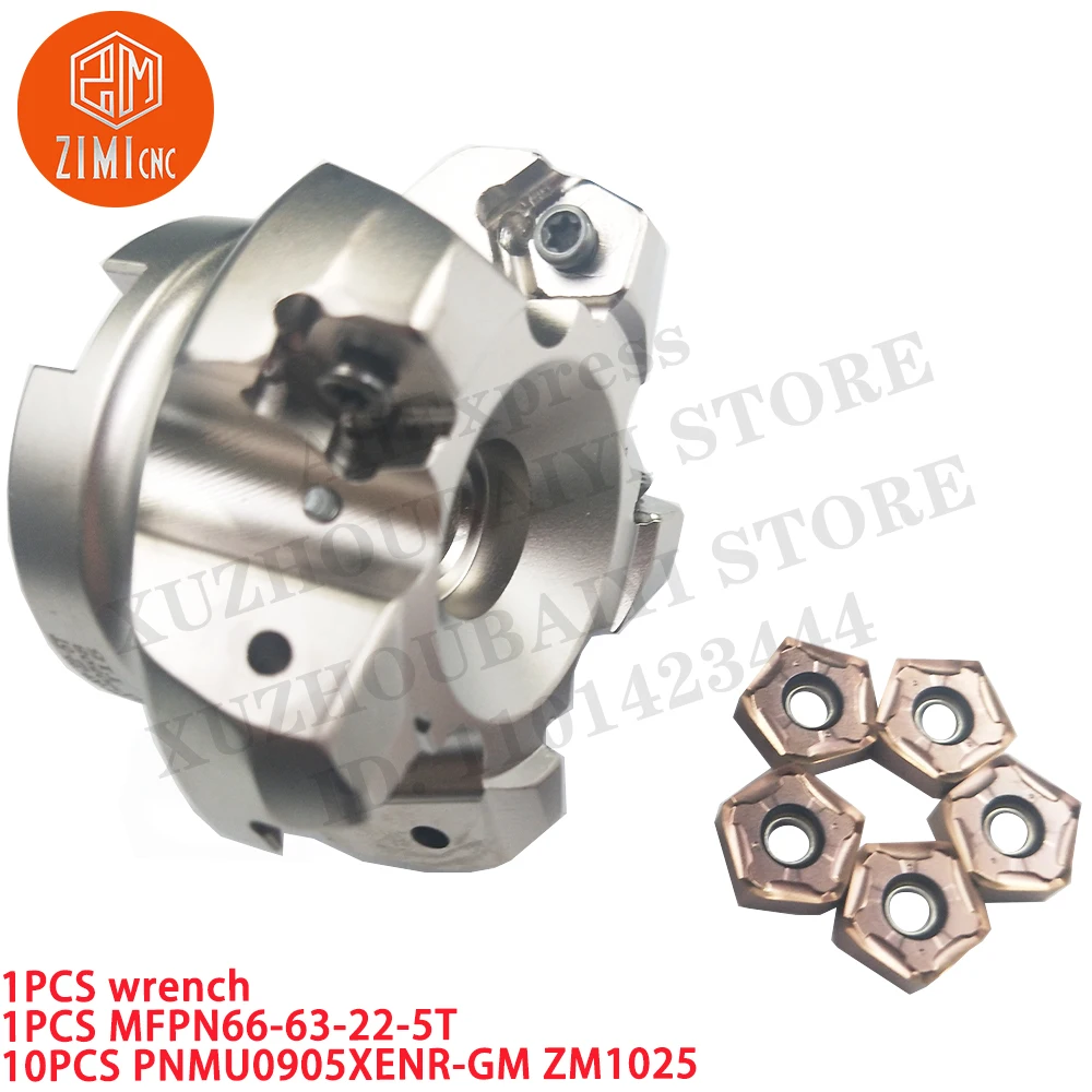 1PC MFPN66-63-22-5T Face Milling Cutter Milling Tool + 10PC PNMU0905XENR-GM ZM1025 CNC Tool Carbide Milling insert +  1PC wrench