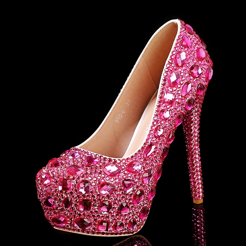 

Big Size Crystal Thin High Heels Spring Women Rhinestone Diamond Pumps Blue Banquet Round Toe Solid Color Wedding Shoes D0001