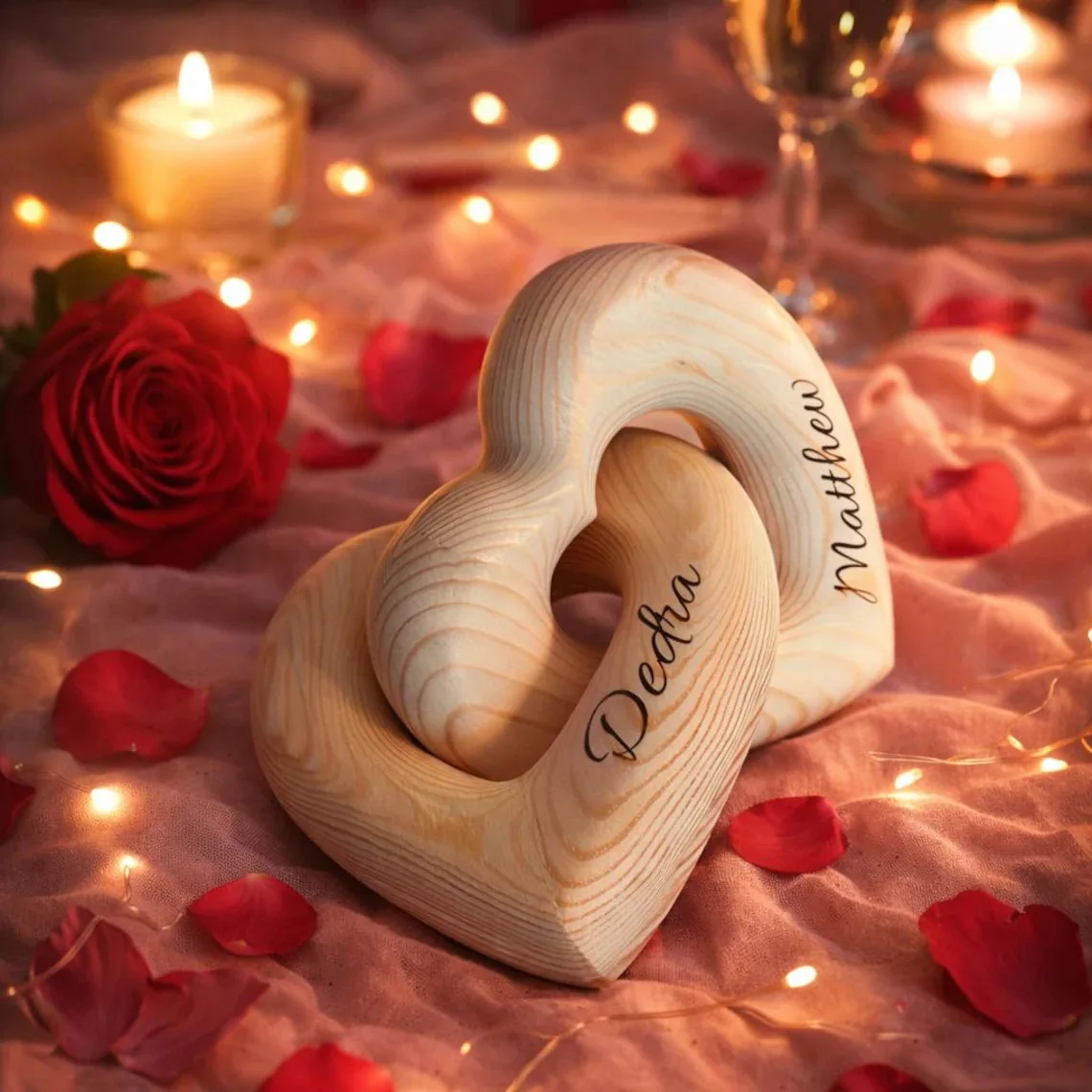 Personalized Wooden Heart Sculpture Interlocking Infinity Love Couples Gift Custom Name Engraved Wedding Anniversary Present