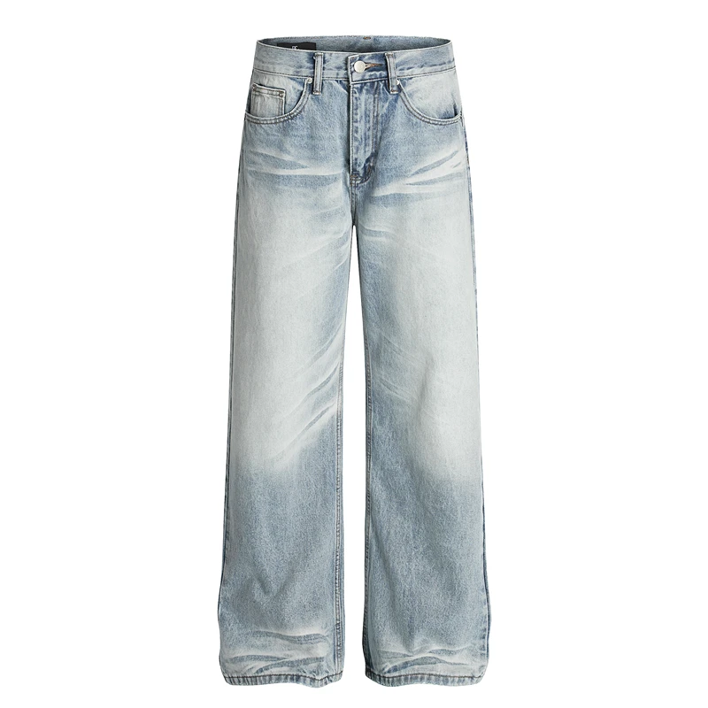 

Washed Vintage American Style Loose Straight Leg Jeans Light Blue Casual Jeans for Teenagers mid Waist Long Pants