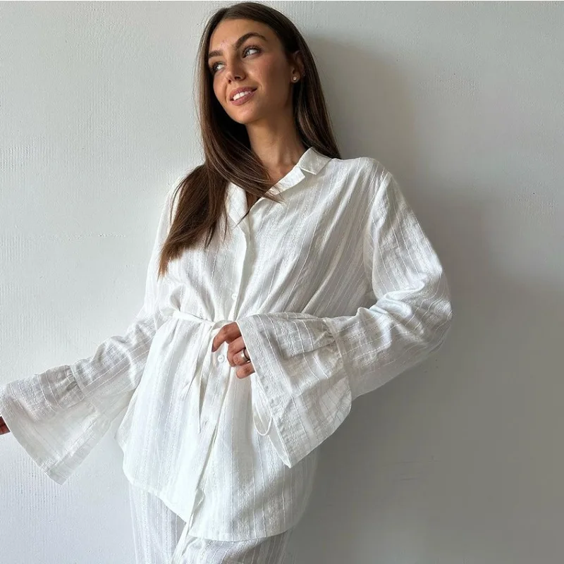 Ensemble de 2 pièces pour femmes, ensemble de vêtements de détente confortables, pyjama à manches longues, chemise et pantalon avec ceinture, ensemble de vêtements de maison, adapté à un usage extérieur