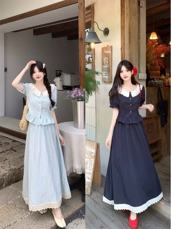 

Slimming Summer Outfit Set Women's Ruffle Short Sleeve Shirt And Half Skirt plus Size Anti-Aging Two-Piece Set for Younger Look