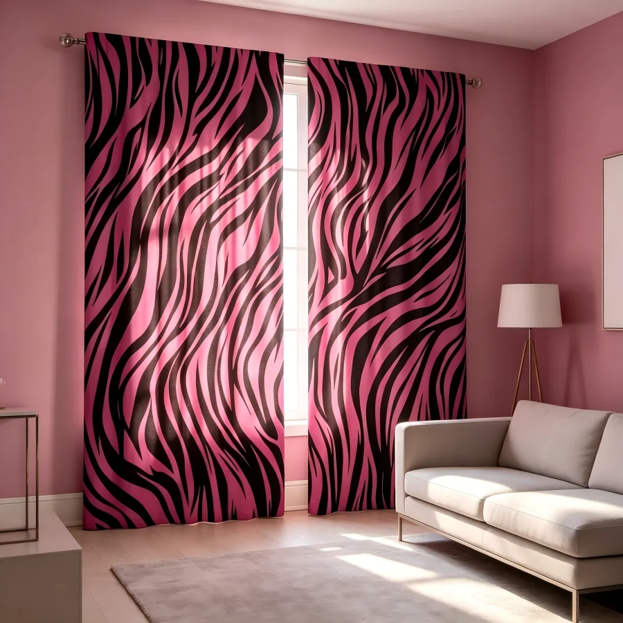 2 Stück Digital Bedruckte Vorhänge, Rosa-Schwarzer Zebra-Druck, Rustikale Landhaus-Fensterdekoration für Schlafzimmer und Küche