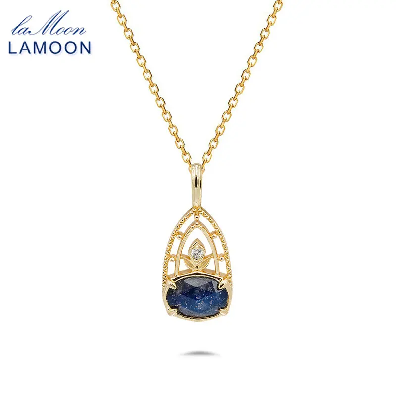 LAMOON Vintage Pendant Necklace For Women Natrual Labradorite Blue Sandstone 925 Sterling Silver Gold Plated Fine Jewelry