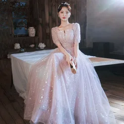 Long Pink Evening Dress for Women Elegant Birthday A-line Slim Dresses Beadding Sequin Zipper Prom Gown Party Birthday Dresses