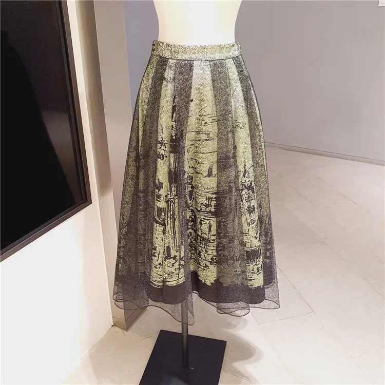 

MICOAT Pure Original Ele High Waist A-Line Midi Skirt with Crystal Lace Print And Large Hemline for Spring Season