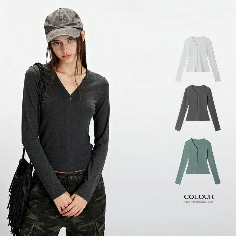 HeyHenry Top ajustado para mujer ort Sve v-ne Base irt Long Sve Commute Sle versión coreana Color Otoño Invierno