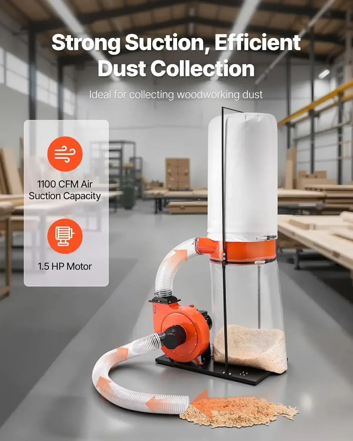 Dust Collector, 1100 CFM 2.5 Micron Vortex Cone Dust Collectors, 1.5HP Sawdust Collection System with 35-Gallon Dusts Coll