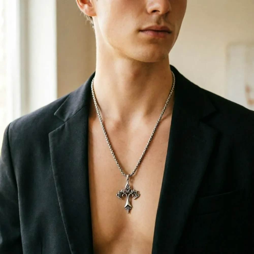 New Flame Retro Cross Titanium Steel Casting Men Women Pendant Necklace Sweater Chain Decoration Chain Jewelry Accessories