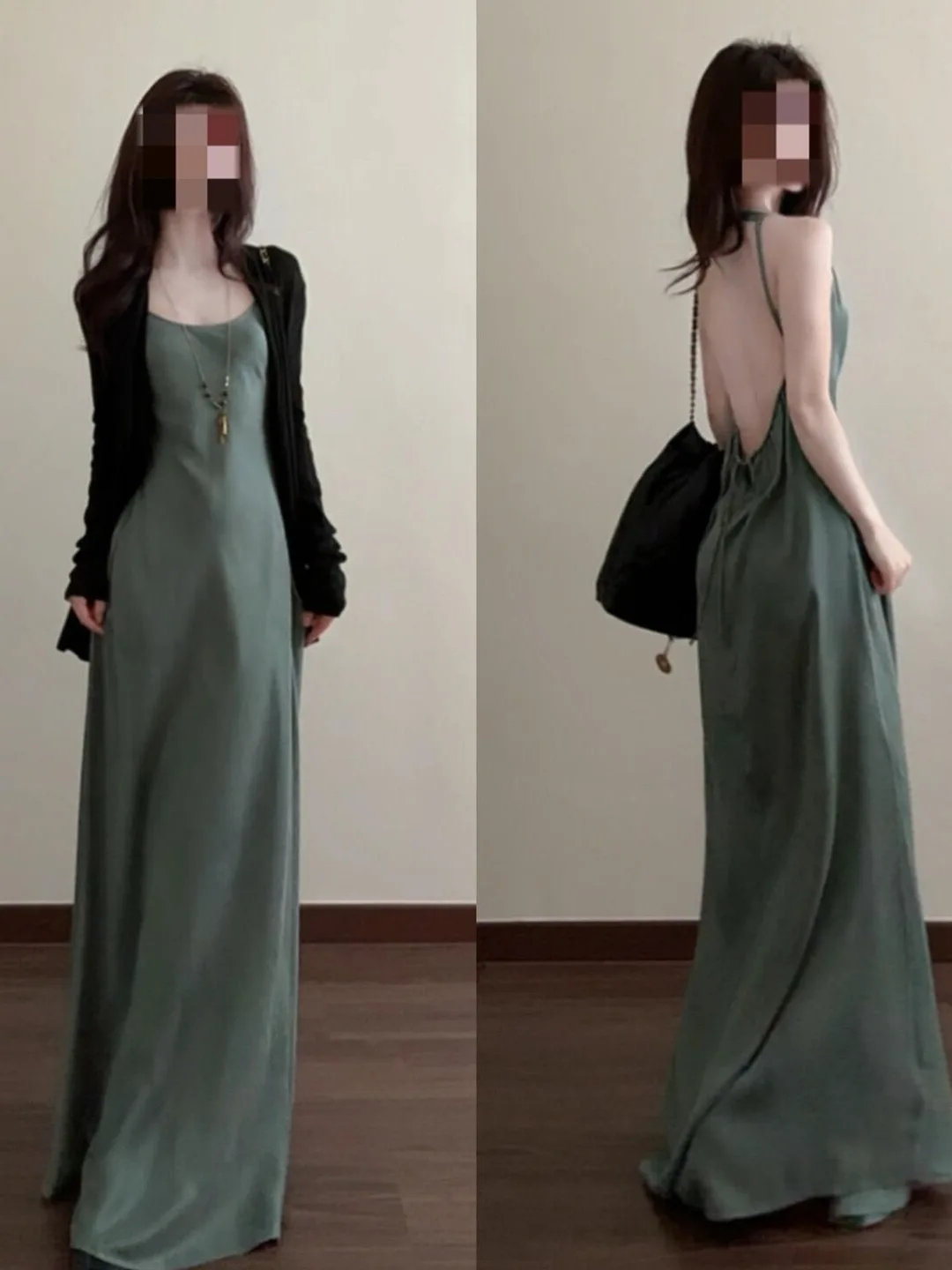 

Sexy Green Strapless Backless Dress Women's Fashion Set Summer New Style Black Cardigan Two-Piece Suit Long Sleeve Casual Wear