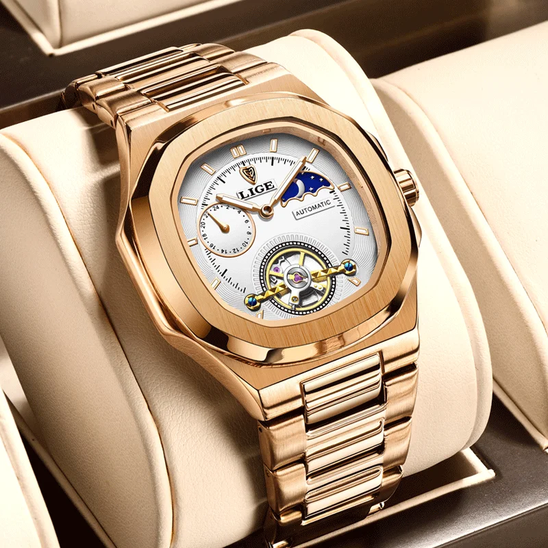 

LIGE Automatic Mechanical Watch for Men Moon Phase Luminous Square Creative Waterproof Male Steel Wristwatch Sport Clock+Box