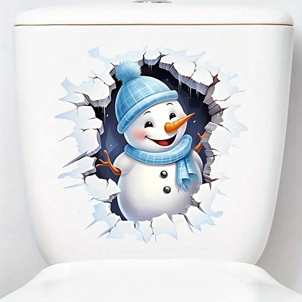 MT1147# Snowman 3D Wall Break-Through Toilet Lid Decal Waterproof  Self-adhesive Bathroom Decoration Sticker,