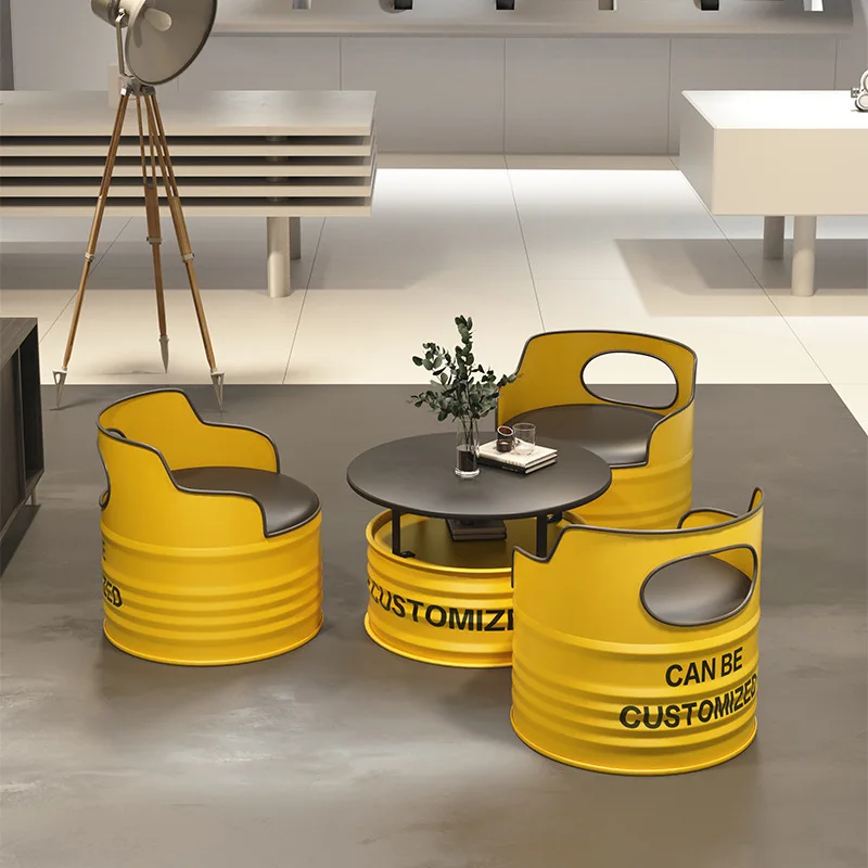 

Bar Industrial Style Coffee Shop Western Restaurant Round Iron Oil Drum Table and Chair Set