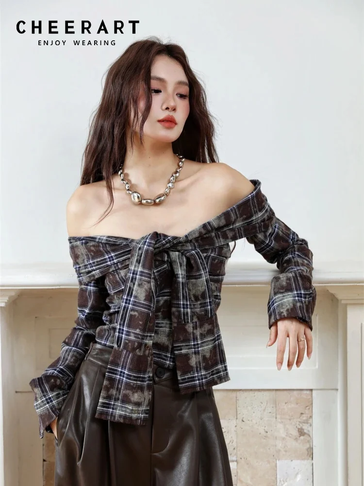 

CHEERART Multi-Way Off The Shoulder Plaid Shirt For Women 2023 Crop Top And Blouse Y2k Fashion New In Clothing