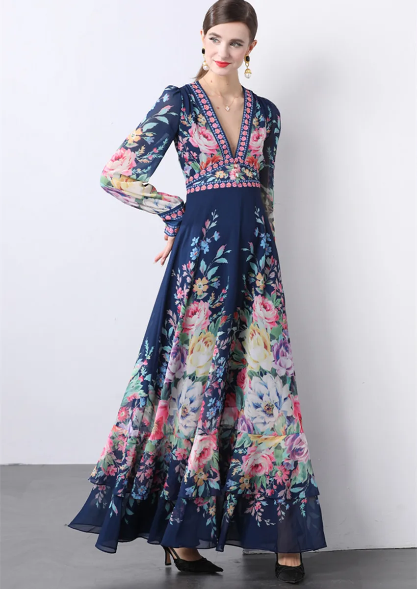 Autumn Flower Print Holiday Long Dress Elegant Women Sexy Deep V Neck High Waist Chiffon Lantern Sleeve Ball Gown Robe Clothes