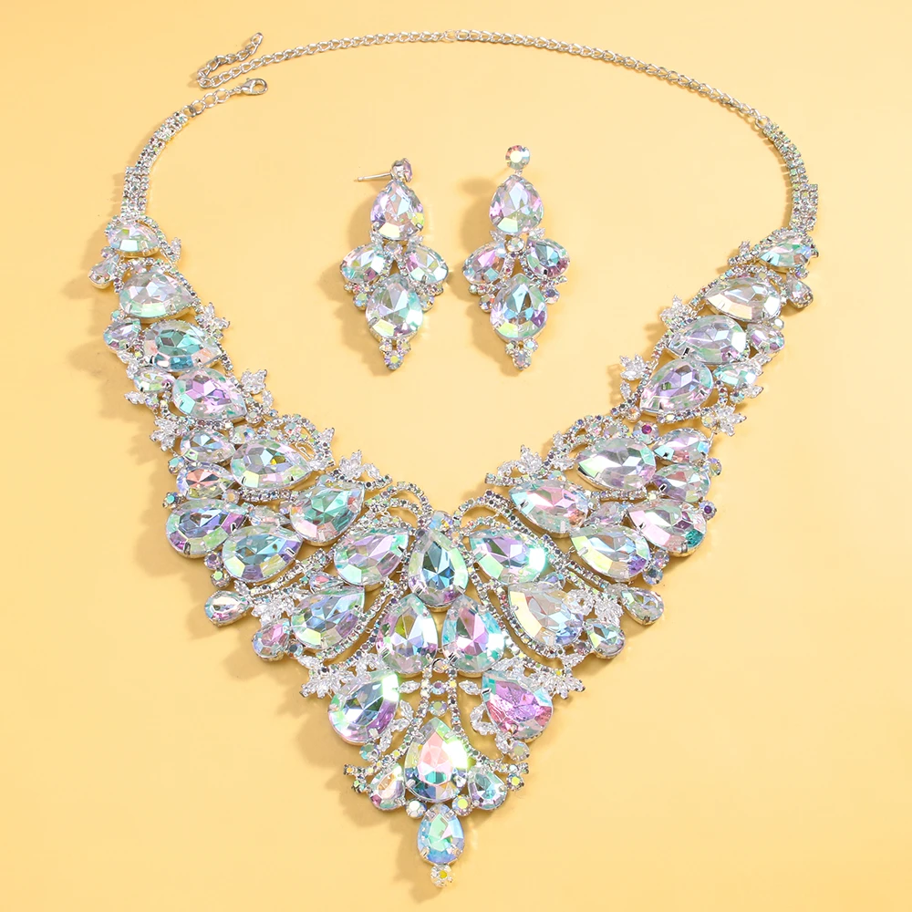 Stonefans Colorful Exaggerate Necklace Earrings Set Nigerian Wedding Large Water Drop Rhinestone Bridal Jewelry Sets for Women