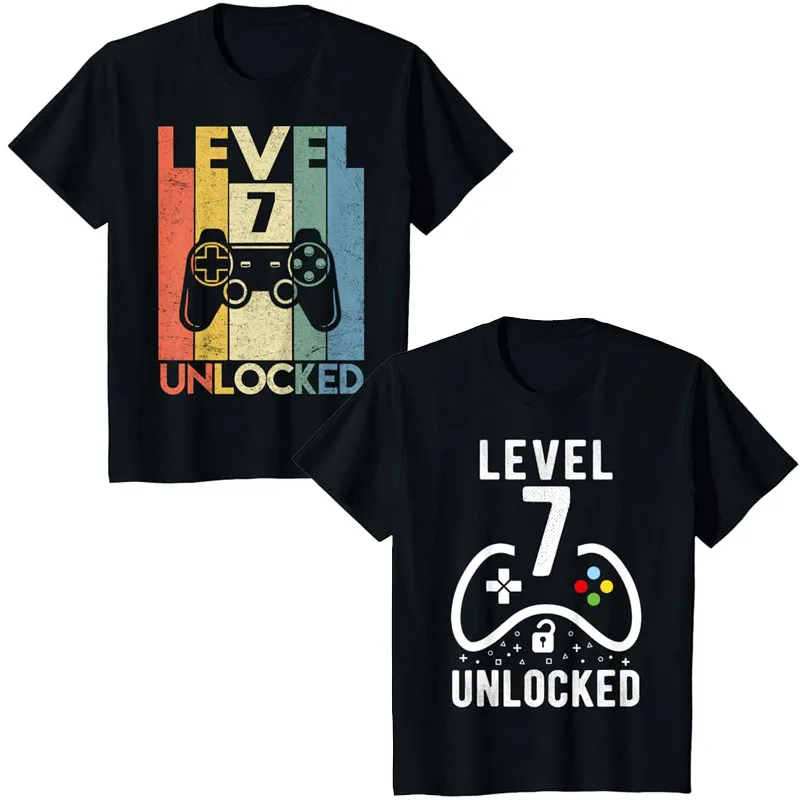 

Level 7 Unlocked Video Game 7th Birthday Gift T-Shirt Funny Gamer 7 Year Old Sons Birthday Present Boys Fashion Graphic Tee Top