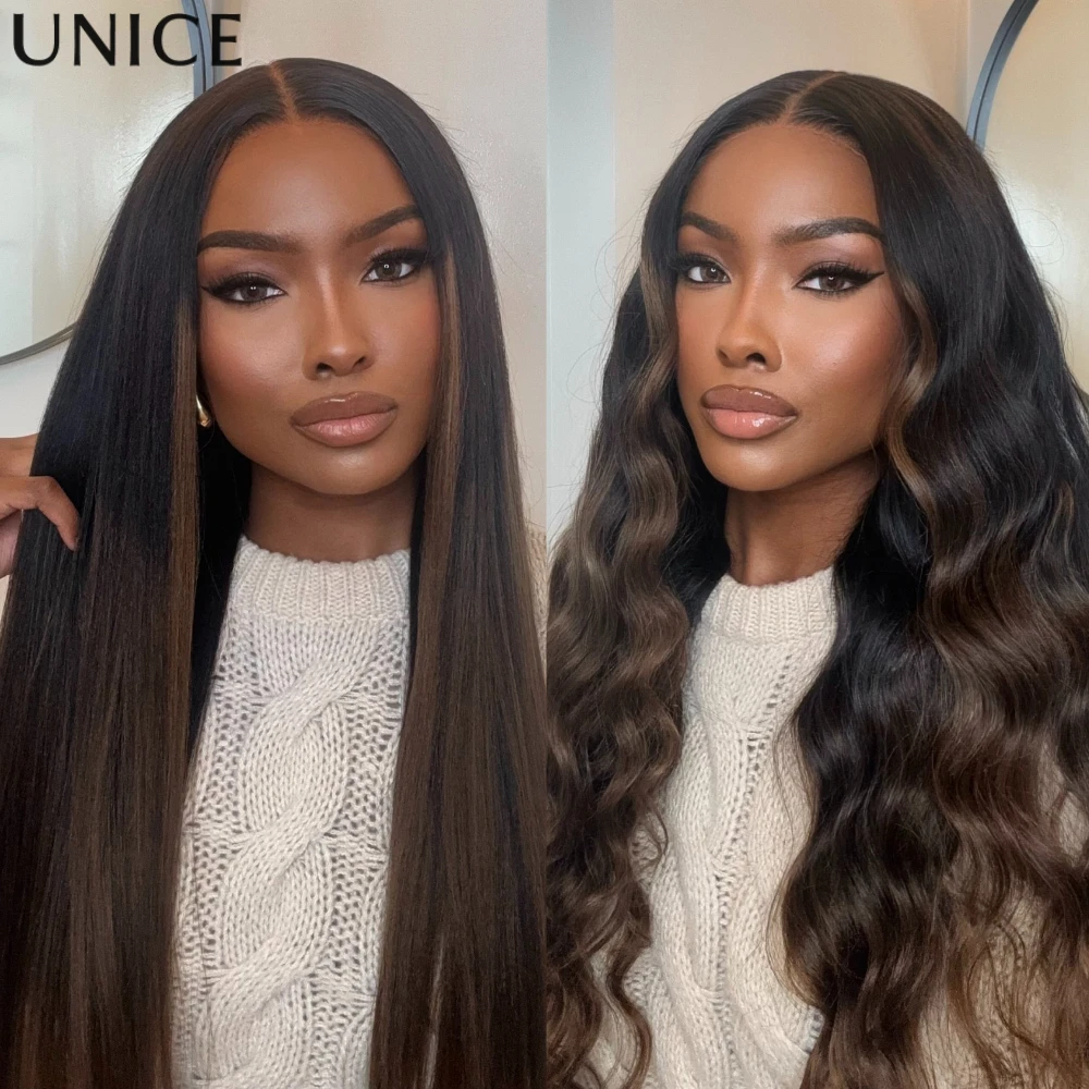 

UNice Bye-Bye Slip 7x5 Lace Chestnut Brown Ombre & Natural Black Yaki Straight Human Hair Glueless Wig With Drawstring