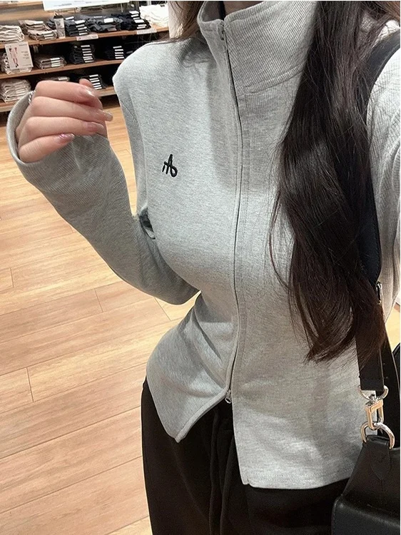 

Корейская женская толстовка с длинными рукавами, вышивкой, двойной молнией и воротником-стойкой, приталенного кроя, для ранней осени, новая модная верхняя одежда