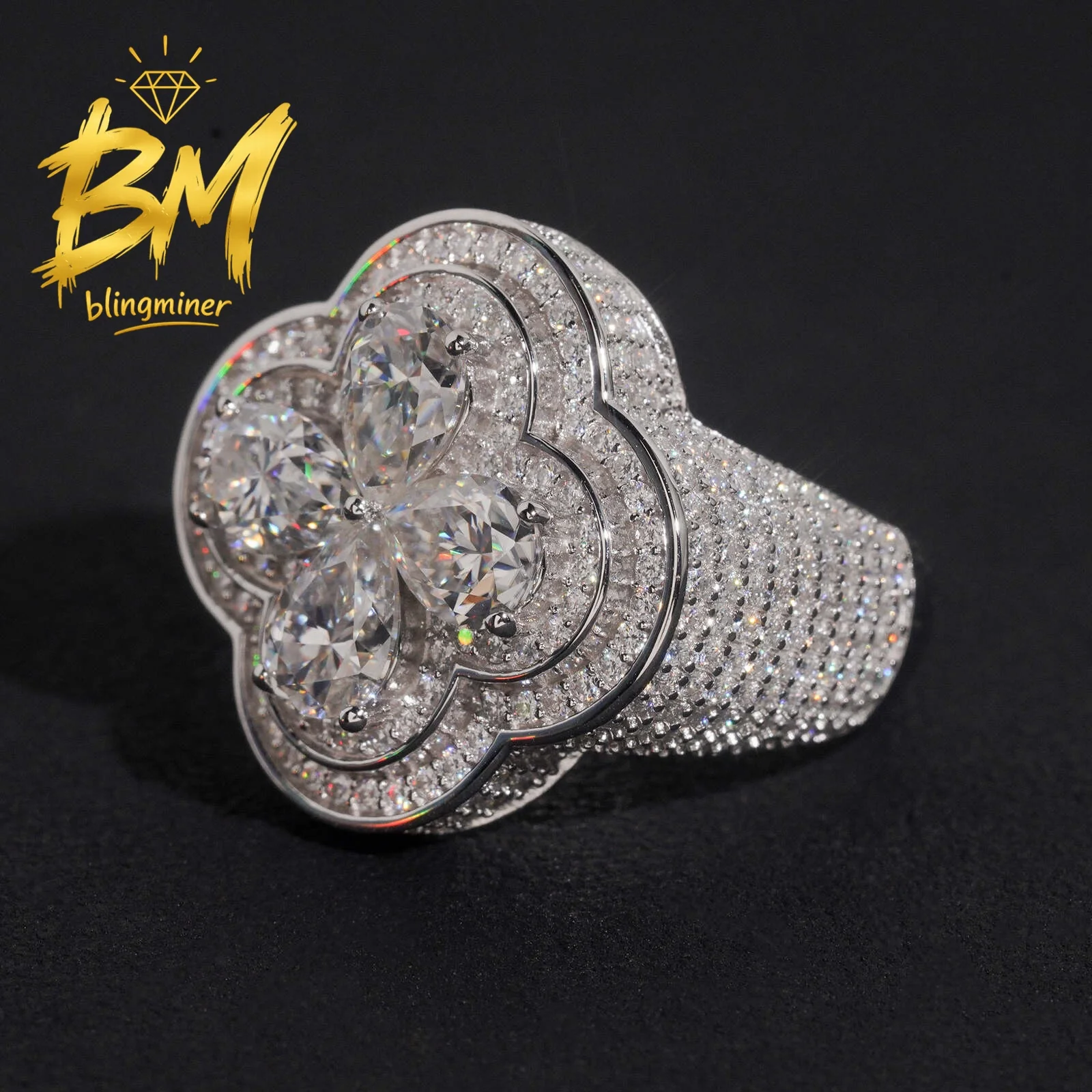 Blingminer Fashion Iced Out VVS Moissanite Rings For Men S925 Silver Finger Jewelry Pass Diamonds Tester GRA Free Shipping