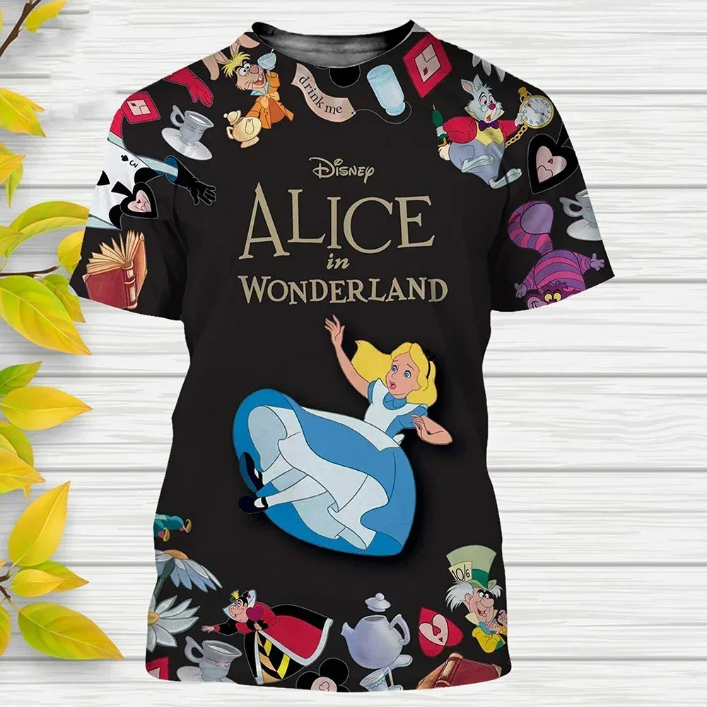 2025 ฤดูร้อน Disney Princess Series 3d เสื้อยืด Alice In Wonderland การ์ตูน Streetwear ชายหญิงขนาดใหญ่ TShirt เด็ก Tees Tops