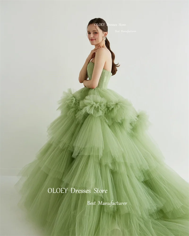 OLOEY Korea Avocado Green Tiered Tulle Evening Dresses Wedding Photoshoot Sweetheart Floor Length Party Prom Gowns Luxury