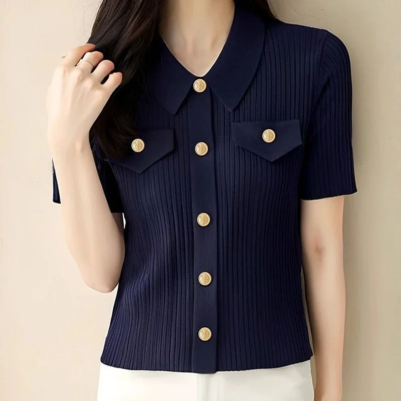 

Short-Sleeved Knitwear Coat Women's 2025Summer New High-Grade Jacket FemaleTemperament Polo Collar Single-Breasted Cardigan Top
