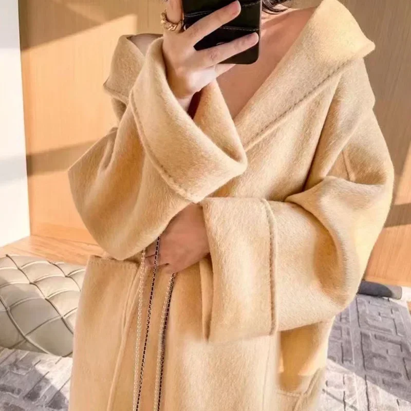 long-haired bathrobe belt double-sided cashmere coat, classic women's coat manufacturer wholesale