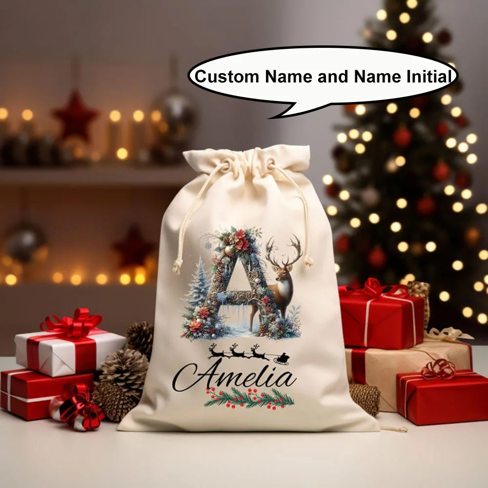شخصية عيد الميلاد سانتا كيس اسم مخصص الأولي هدية عيد الميلاد حقيبة الحلوى كيس التخزين للأطفال عطلة الطرف الديكور