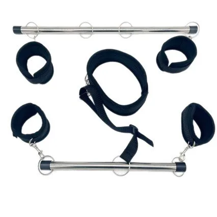 Kit de sujeción BDSM con separador de piernas, esposas, grilletes para piernas, collar para el cuello, correa y conjunto de bondage para muslos abiertos, para parejas adultas, accesorios eróticos