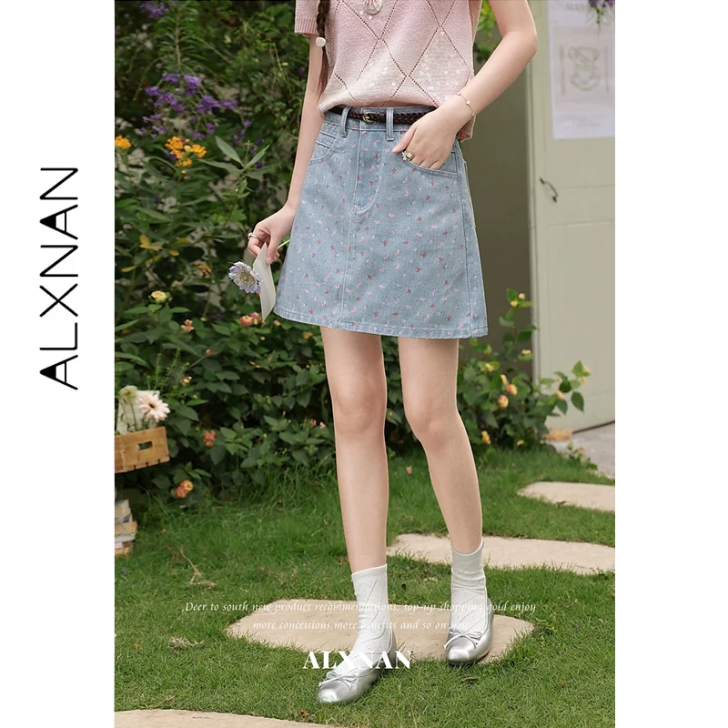 

ALXNAN Women Floral Print Denim Mini Skirt High Waist A-line Casual Short Skirts New Summer Elegant Daily Female Clothing L65556