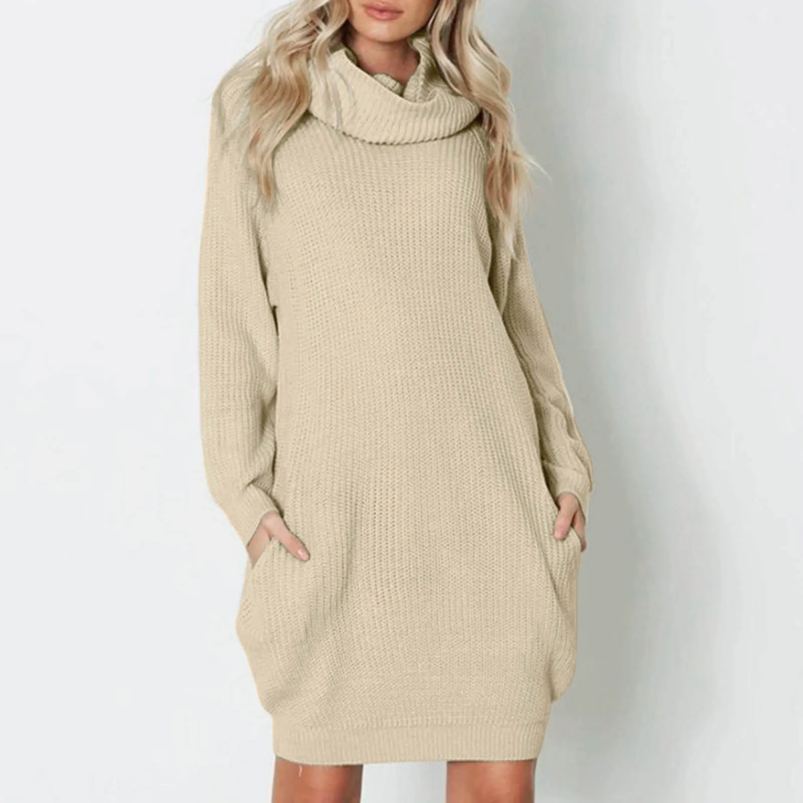 Turtleneck Long Sleeve Sweater Dress Casual Solid Pockets Knitted Dresses Women Fall Winter Loose Long Tunic Warm Pullover Robe