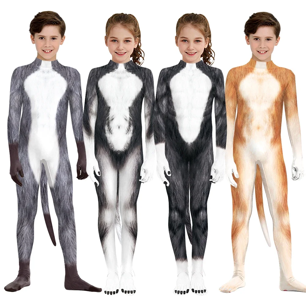 

Animal Fox Wolf Cosplay Costume Kids Bodysuit Halloween 3D Print Siberian Husky with Tail Clothes Boy Carnival Party Jumpsuit