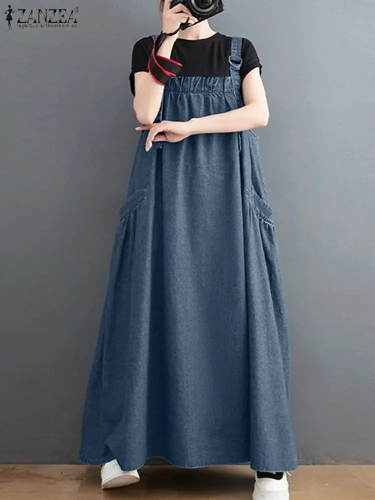 ZANZEA Fashion Summer Overalls Dress Women Denim Blue Casual Loose Sundress Vintage Straps Solid A-line Vestido Beach Sarafans