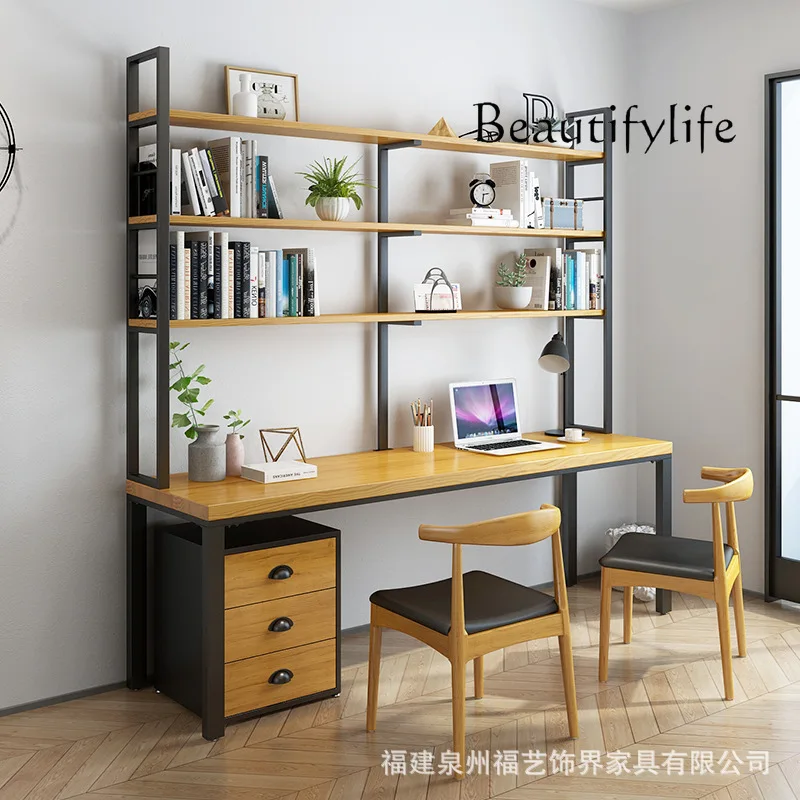 Solid wood wall baffle bookshelf table integrated combination household log strip computer office desk and chair